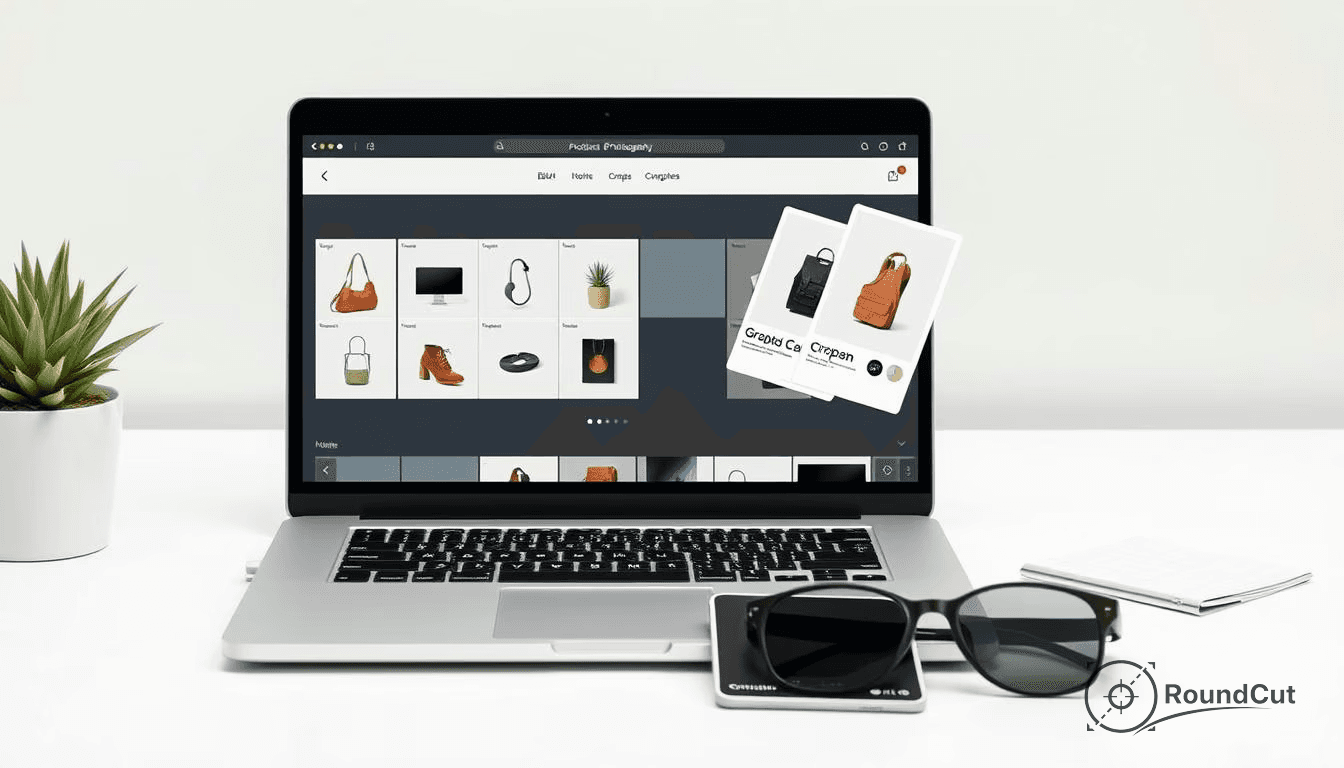 A silver laptop displays a product photography software with a grid of items, while two floating cards highlight edited...