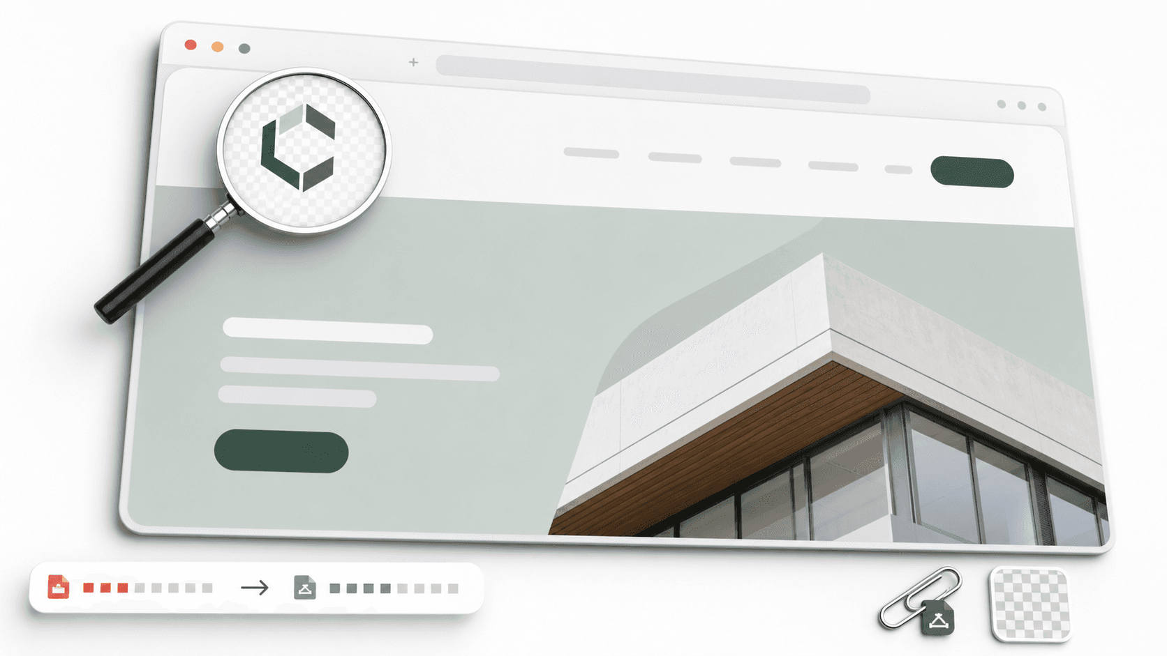 Mockup de site com logo transparente em lupa mostrando borda limpa e arquivo menor ao lado.