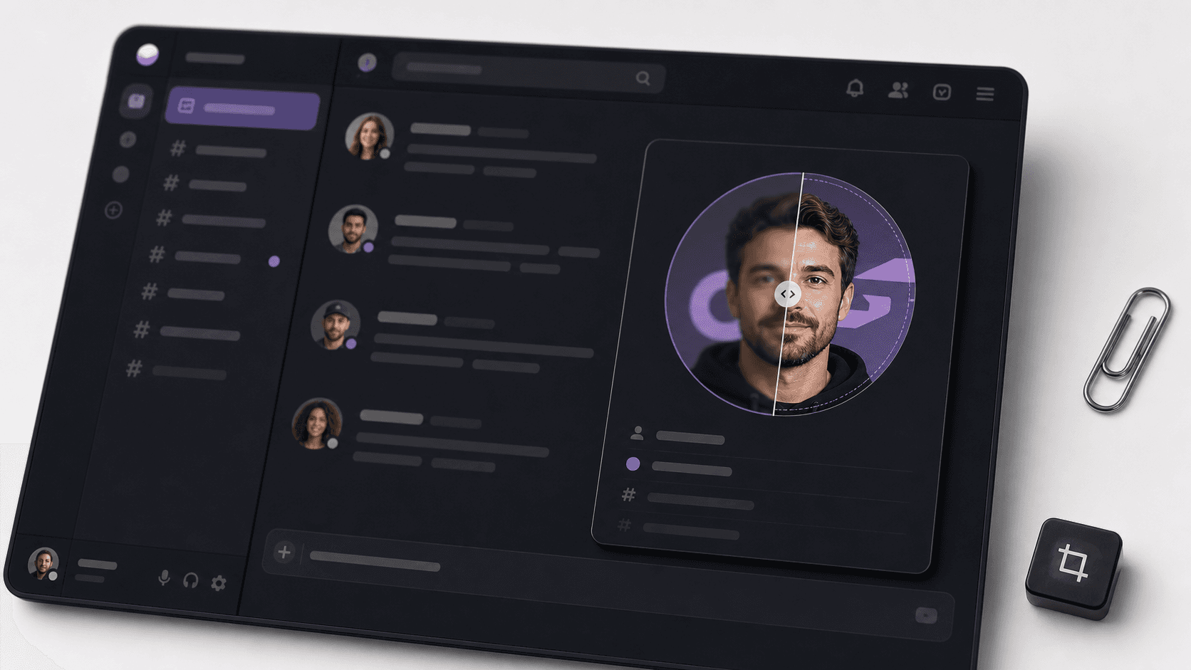Mockup de chat com avatar circular e divisor antes/depois mostrando nitidez e zona segura.