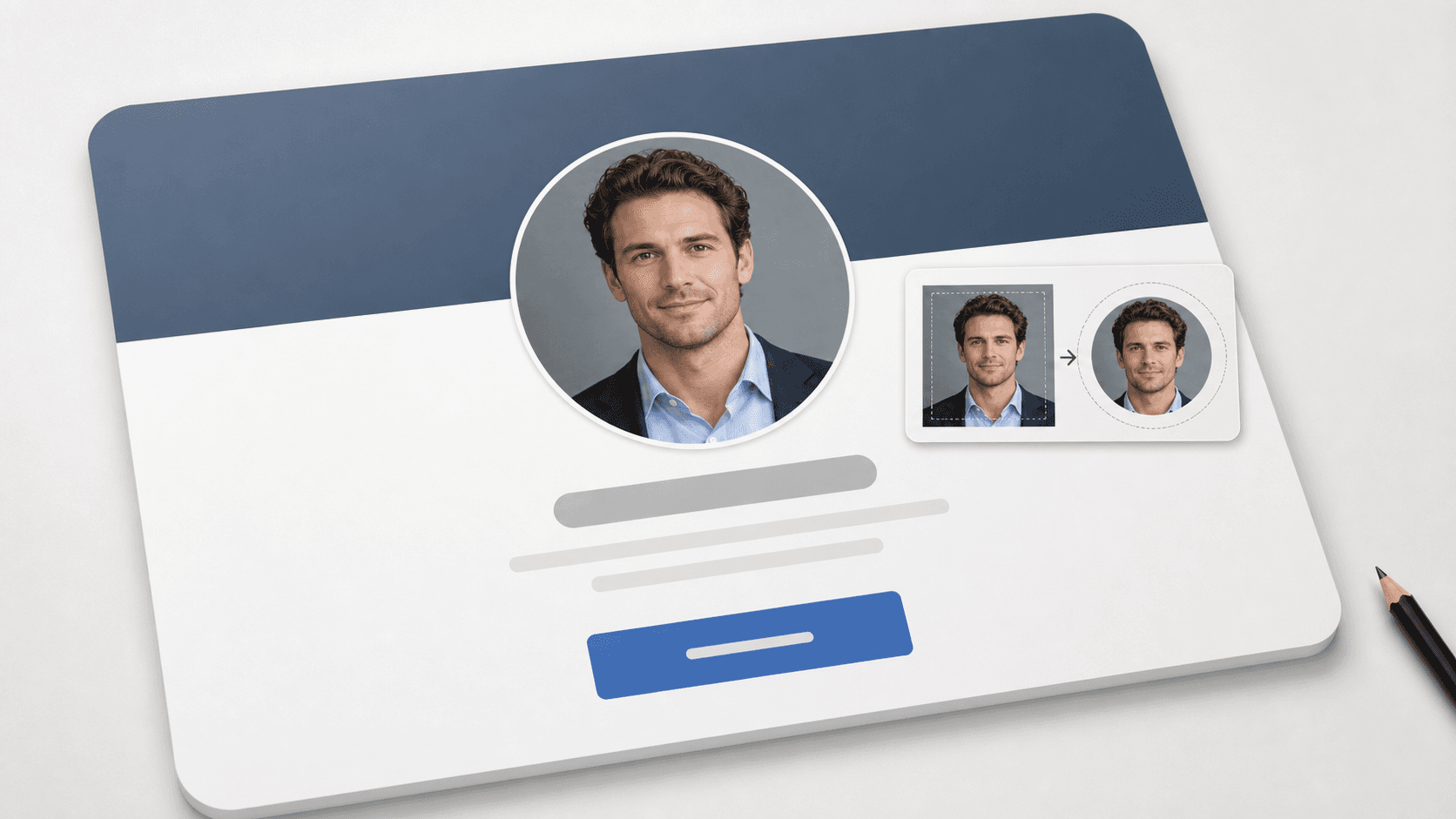 Mockup de perfil profissional com guia circular mostrando respiro em volta do rosto.