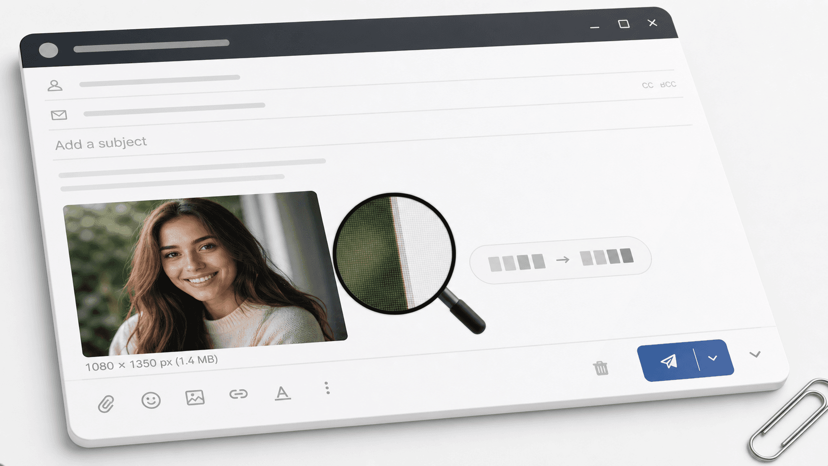 Mockup de e-mail com foto redimensionada e lupa mostrando pixels nítidos na borda.