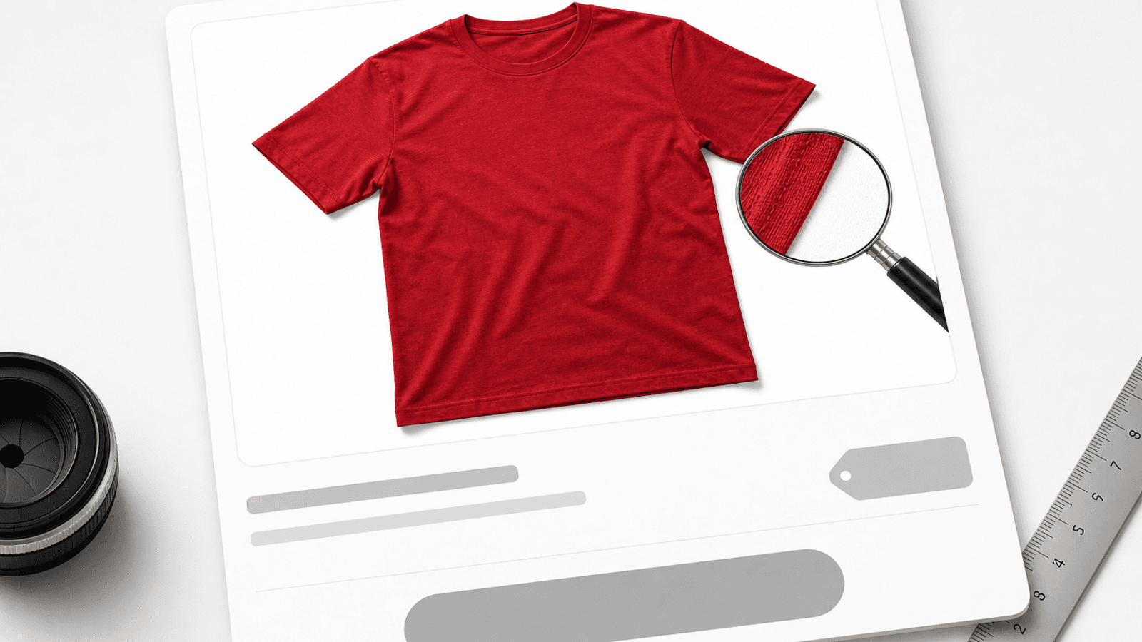 Mockup de loja virtual com camiseta recortada e lupa mostrando textura preservada na borda.