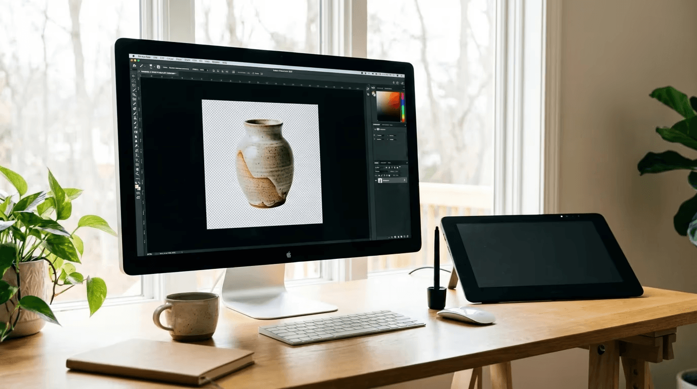 Monitor displaying photo editing software removing background from product image