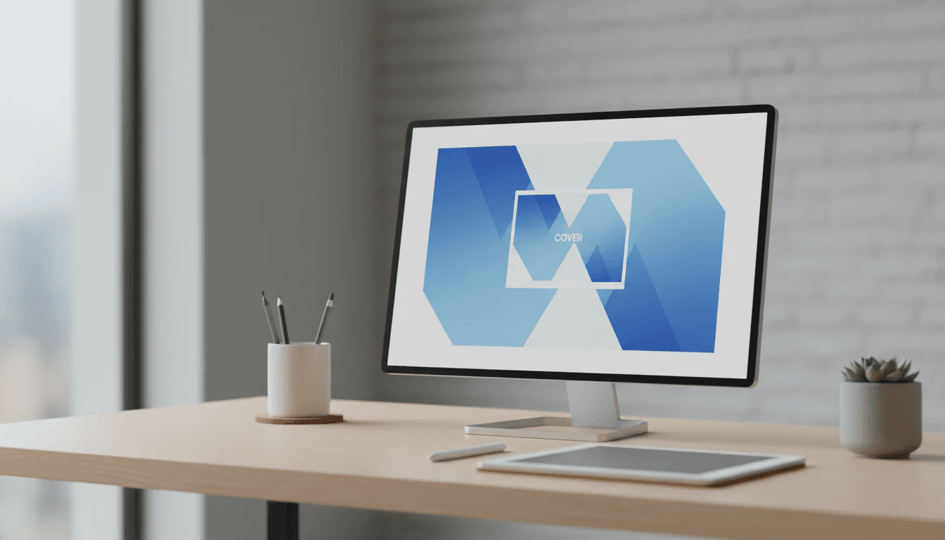 Monitor sobre mesa clara exibindo arte geométrica azul com moldura retangular de capa demarcada no centro da tela