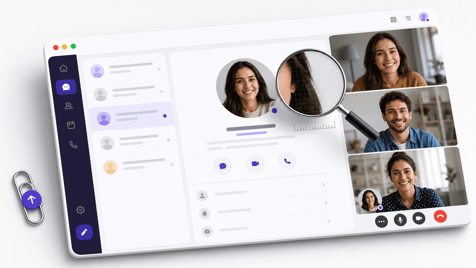 Mockup de app de trabalho com lupa mostrando pixels nítidos na foto circular de perfil.