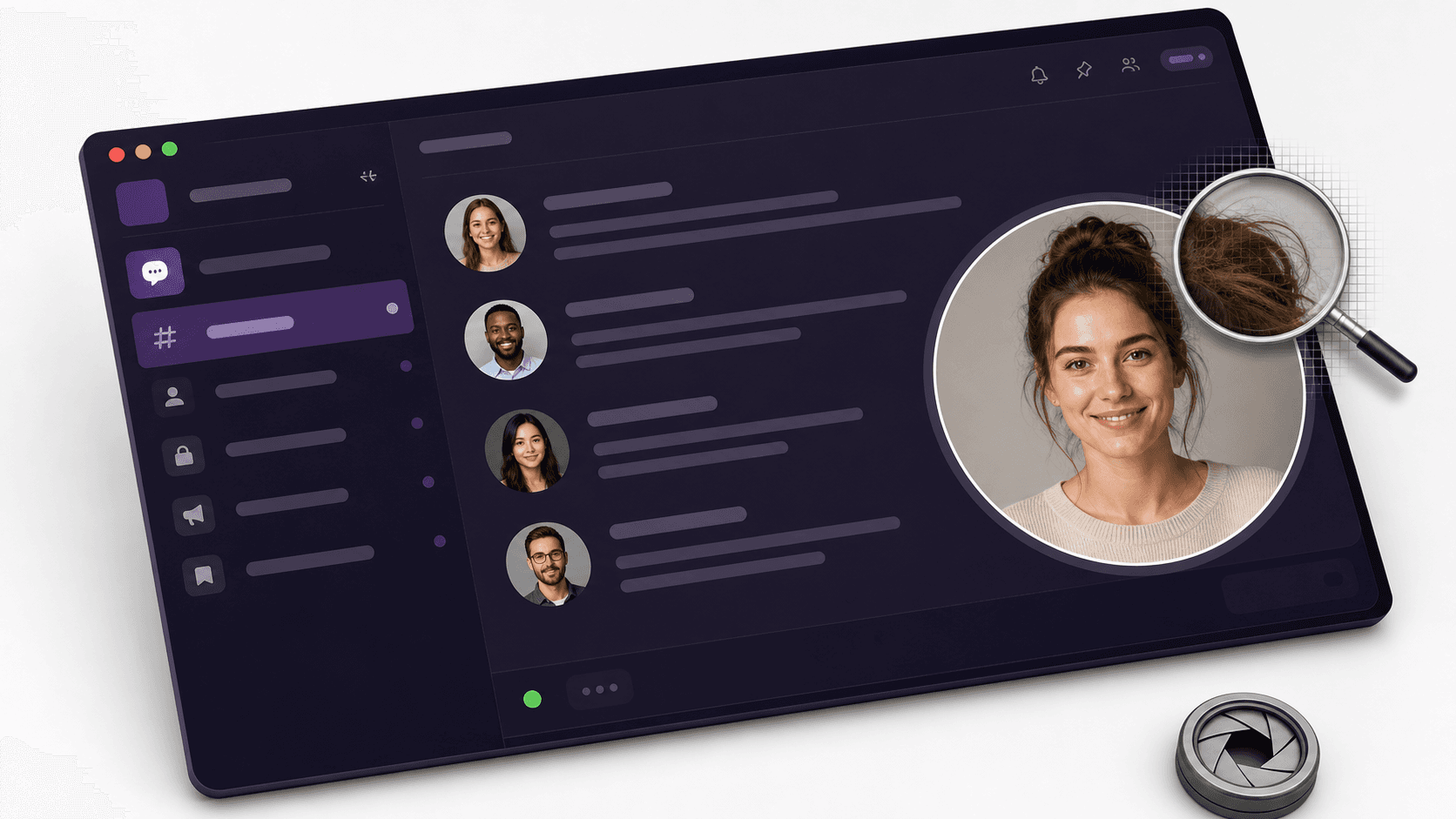 Mockup de chat com avatar circular ampliado por uma lupa que revela fios de cabelo nítidos.