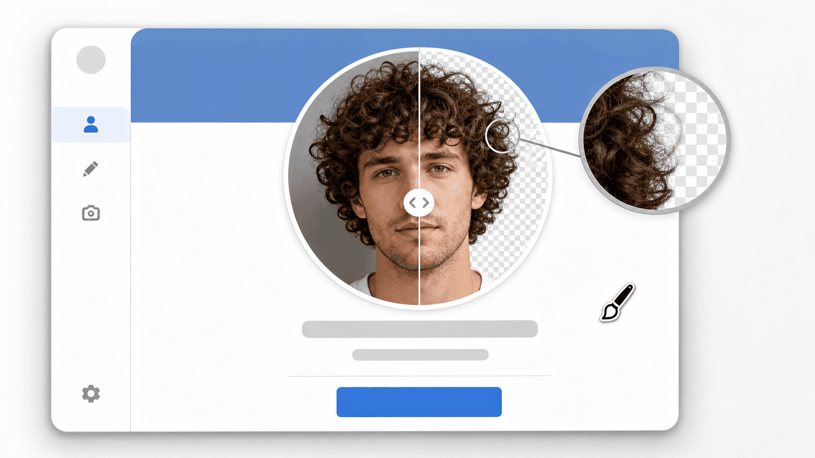Mockup de perfil com cabelo cacheado, divisor antes e depois e lupa sobre fios no xadrez de transparência.