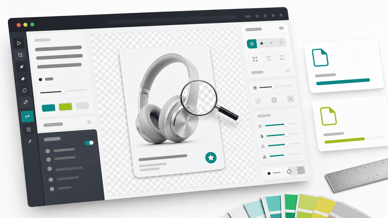 Mockup de conversão com checkerboard transparente e lupa no contorno