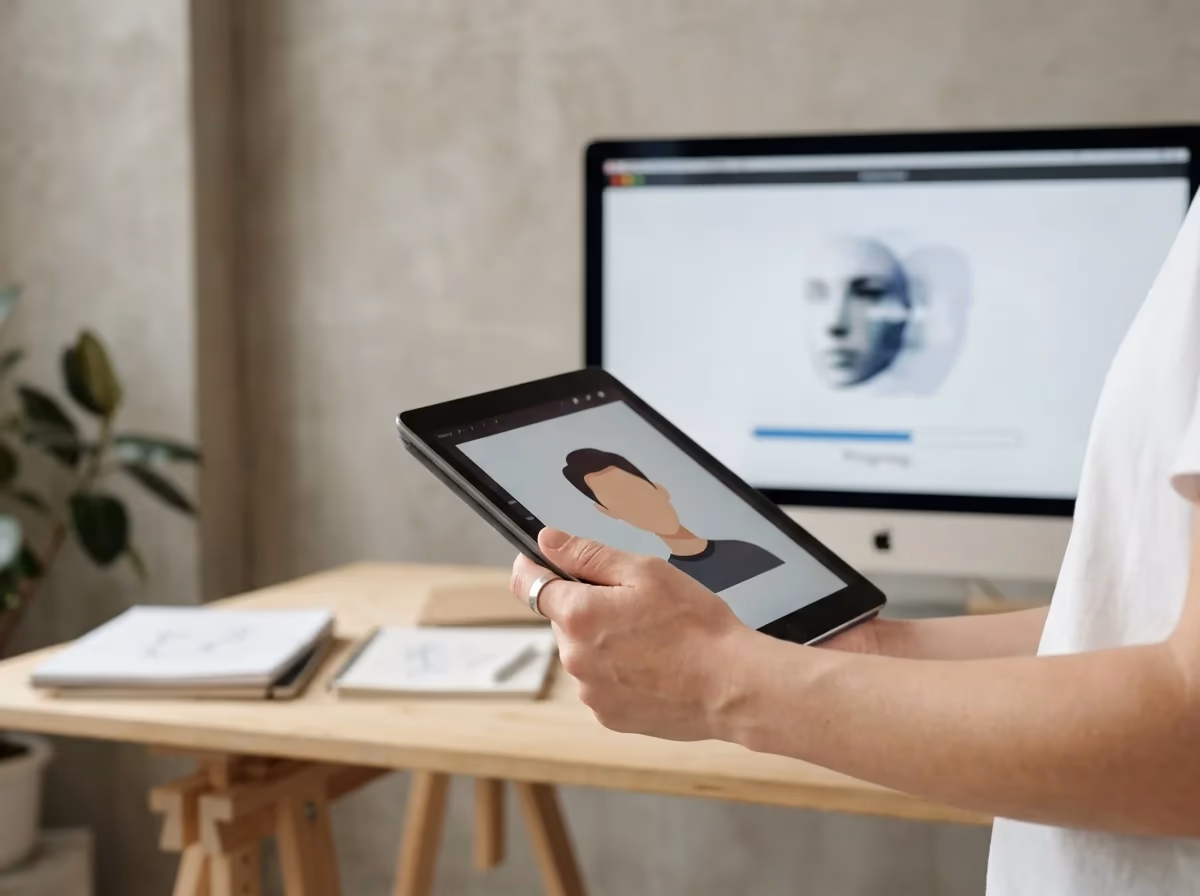 A person holds a tablet displaying an avatar while a computer monitor shows a blurred face rendering.