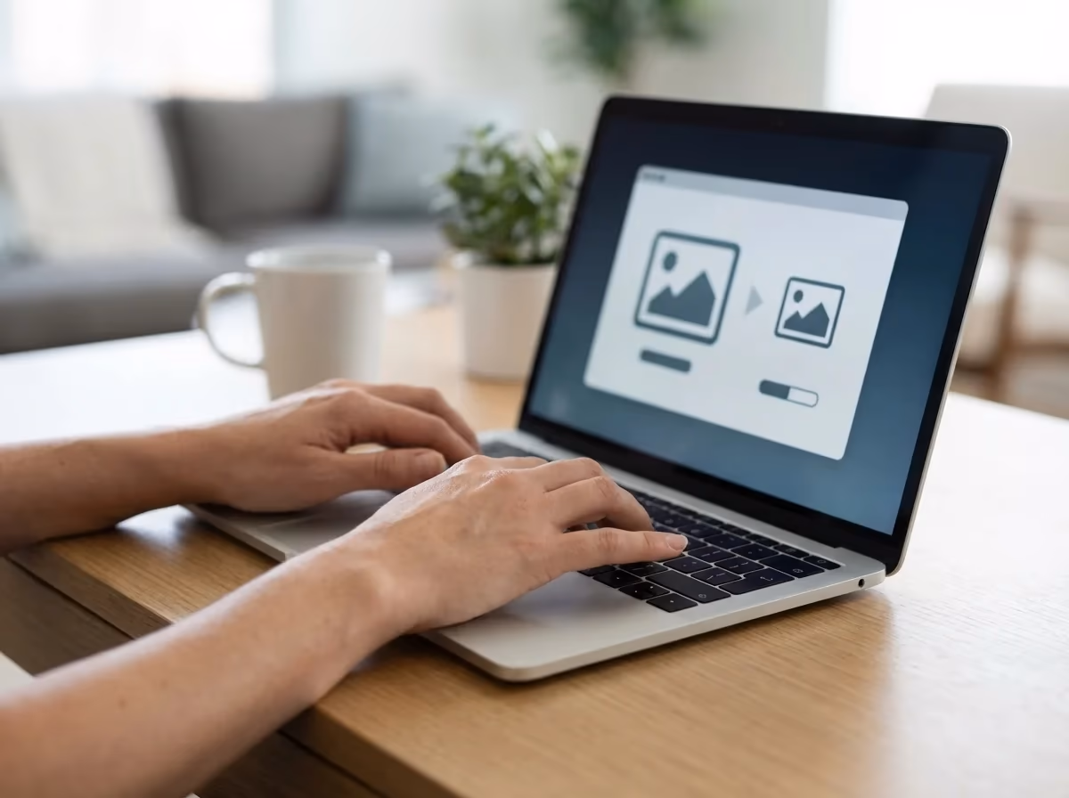 Close-up of hands typing on a laptop displaying an image conversion interface on a wooden desk.