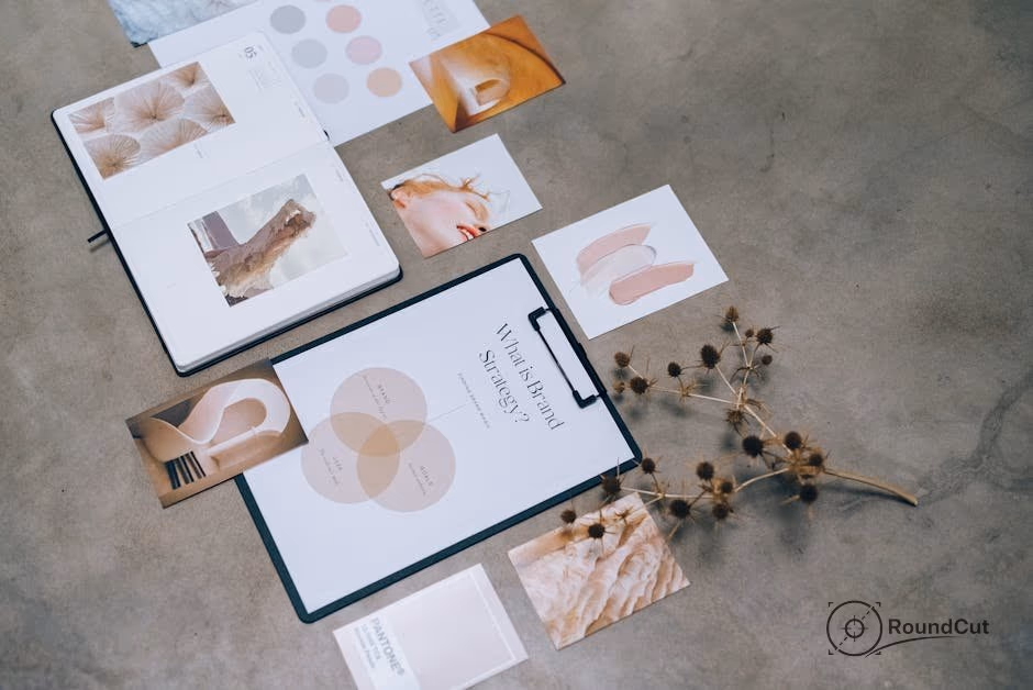 A flat lay showcasing a branding strategy document on a clipboard surrounded by mood board images, a notebook, and color...