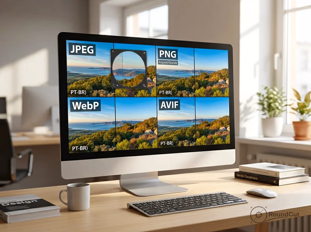 Comparação lado a lado mostrando escolher o melhor formato (JPEG PNG WebP AVIF) para cada tipo de imagem