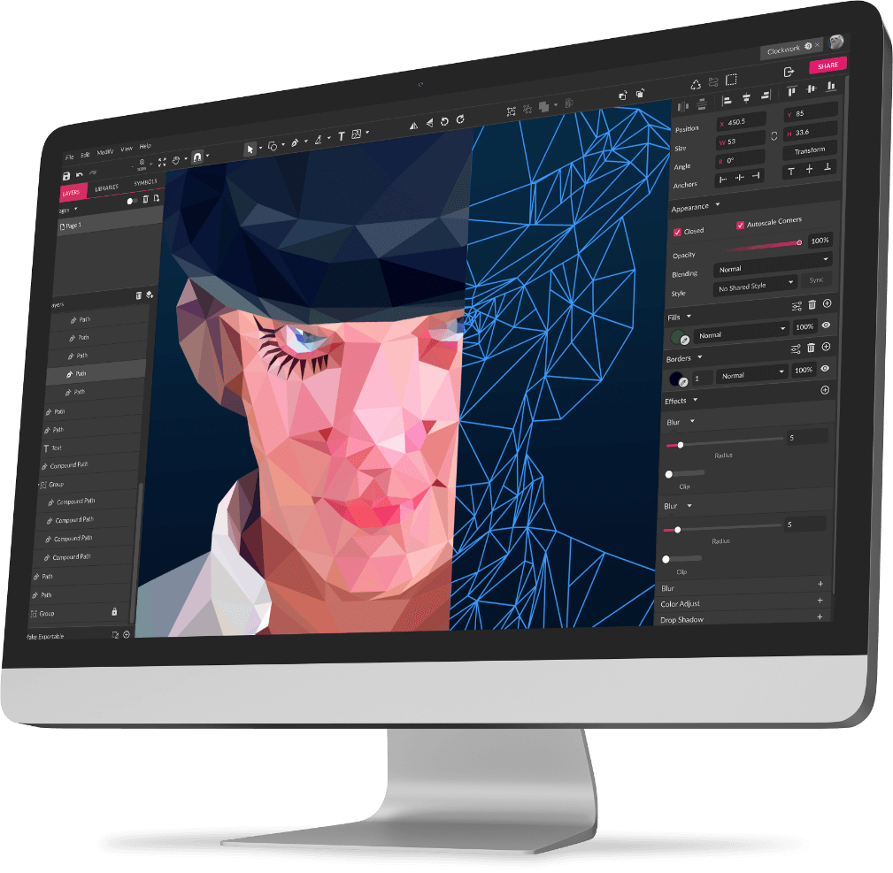 Interface de um software de design gráfico gratuito sendo usada para criar uma ilustração vetorial.