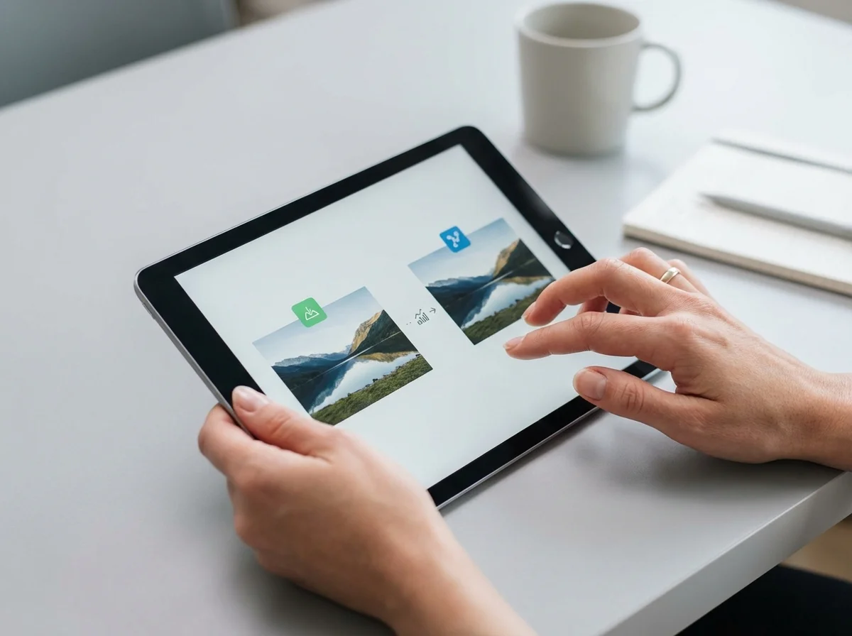 A person is using a tablet displaying two landscape images with download and share/sync icons on a desk.
