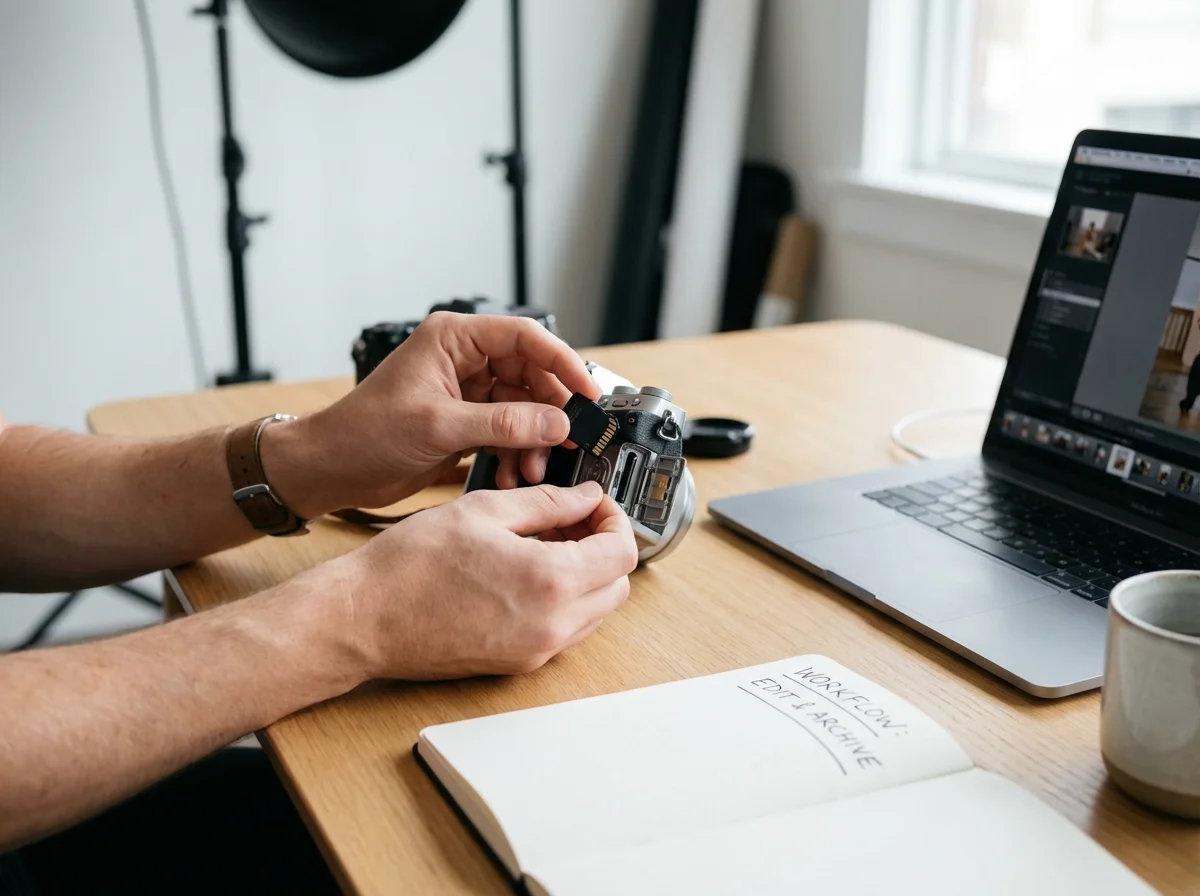 A person is inserting an SD card into a camera on a wooden desk with a laptop and notebook.