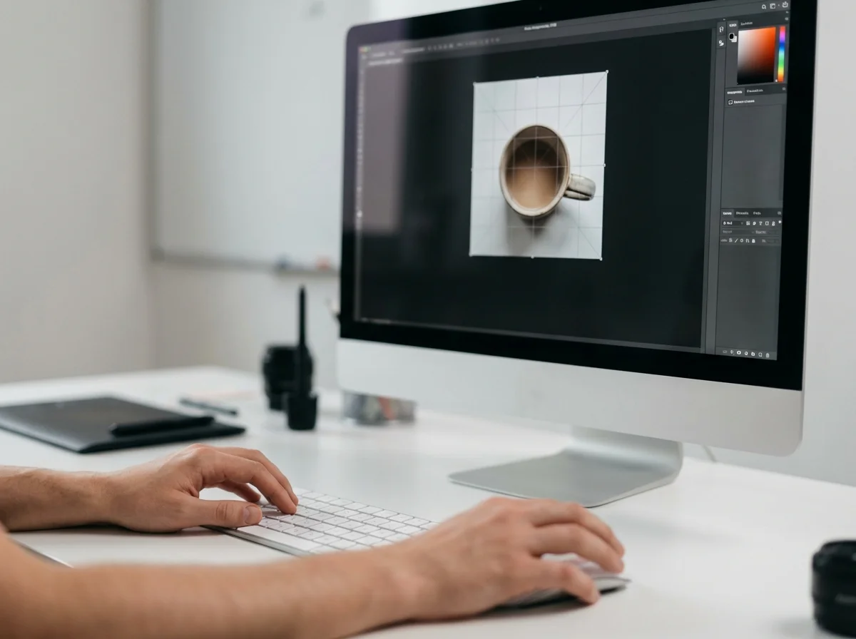A person uses a desktop computer to edit an image of a coffee mug in a modern workspace.