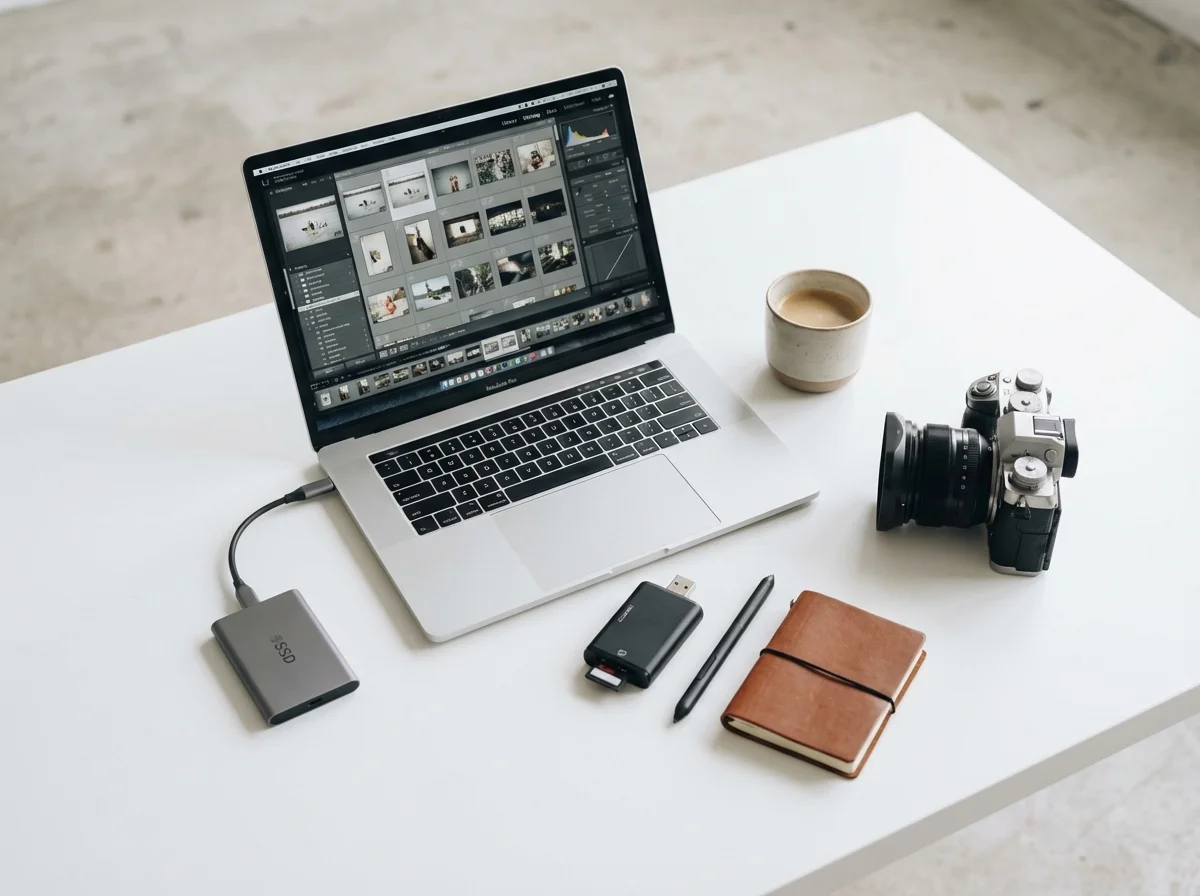 A flat lay of a modern professional's workspace featuring a laptop, camera, SSD, and coffee.