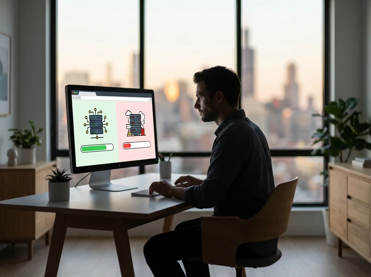 A man works on a desktop computer displaying server status icons in a modern office with a city view.