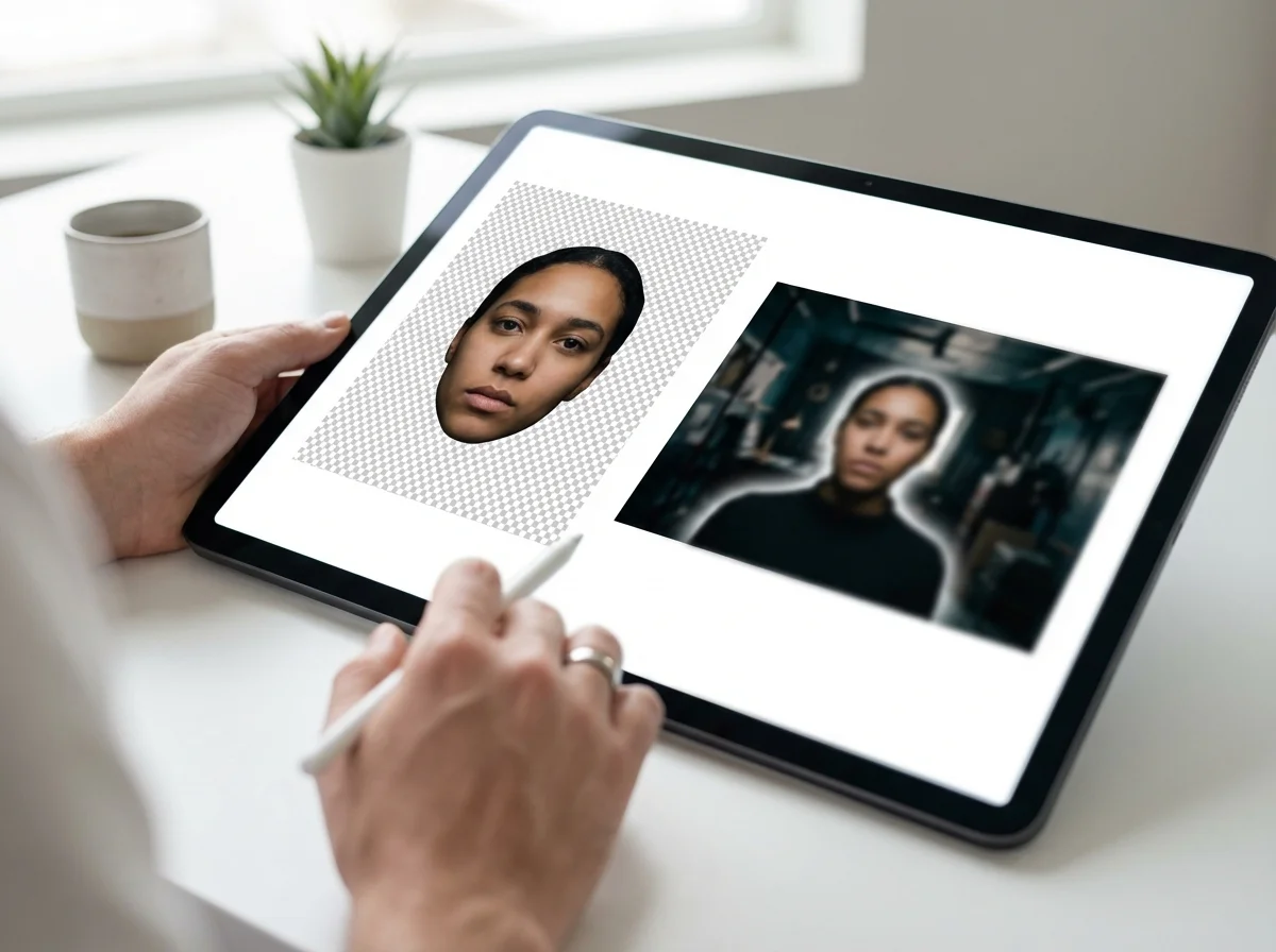 A person uses a stylus on a tablet to edit images, showing a cut-out face and a glowing blurred figure.
