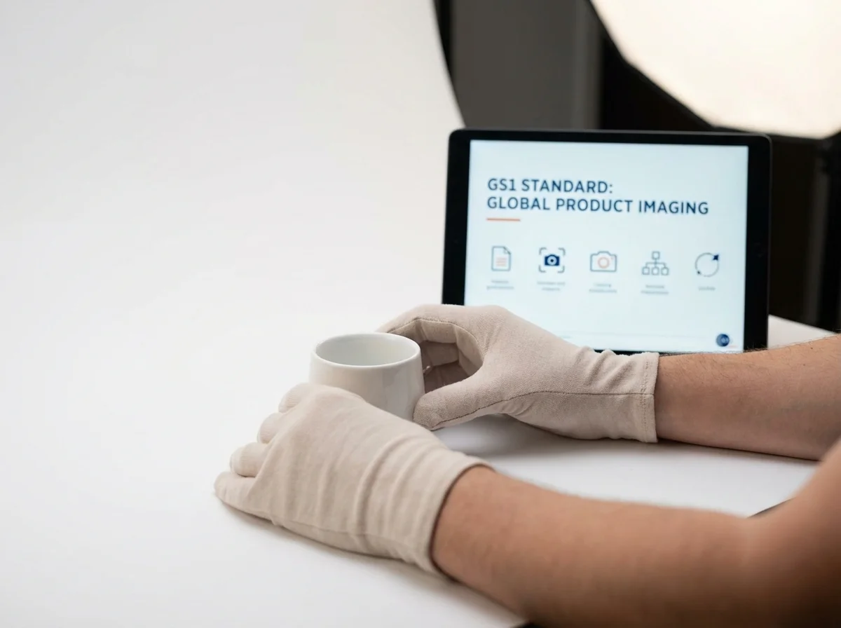 A person in gloves meticulously holds a white cup while a tablet displays 'GS1 STANDARD: GLOBAL PRODUCT IMAGING'.