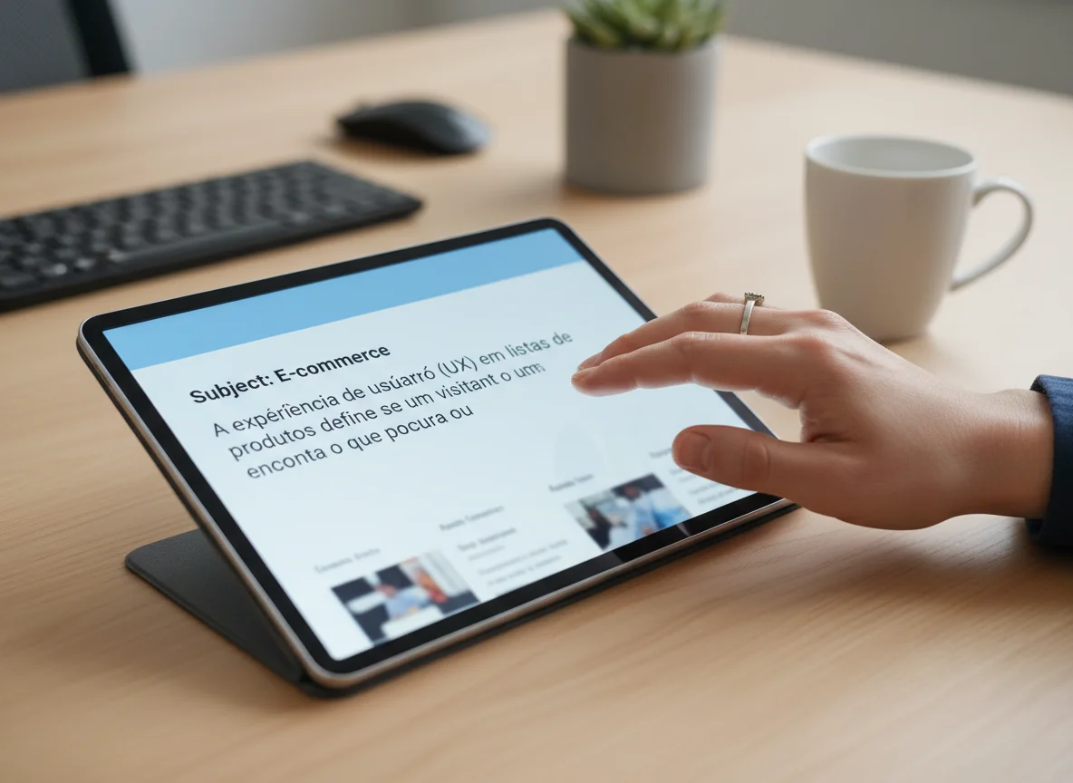 A person's hand with a ring interacts with a tablet displaying an e-commerce article on a wooden desk.