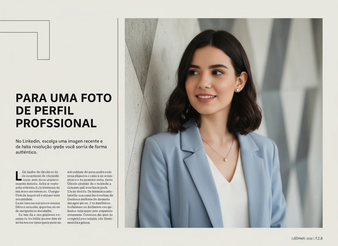An editorial image featuring a smiling woman in a blue blazer on the right and Portuguese text about professional profile pho