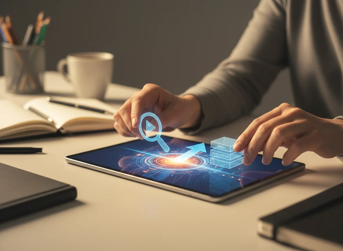 A person interacts with a tablet displaying futuristic holographic data analytics and video search icons.