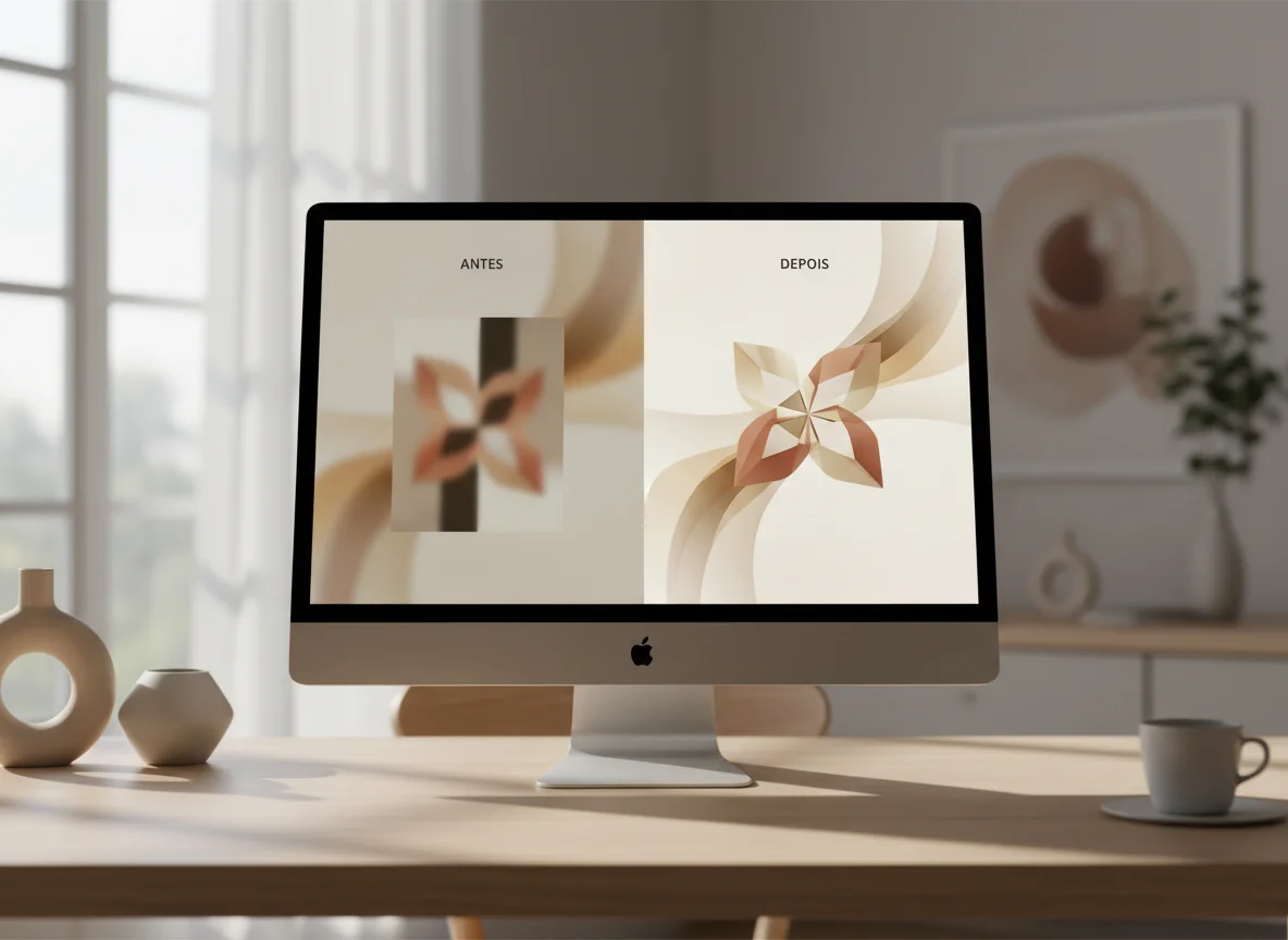 An Apple iMac on a light wooden desk displays a 'before and after' graphic design of an abstract flower pattern.
