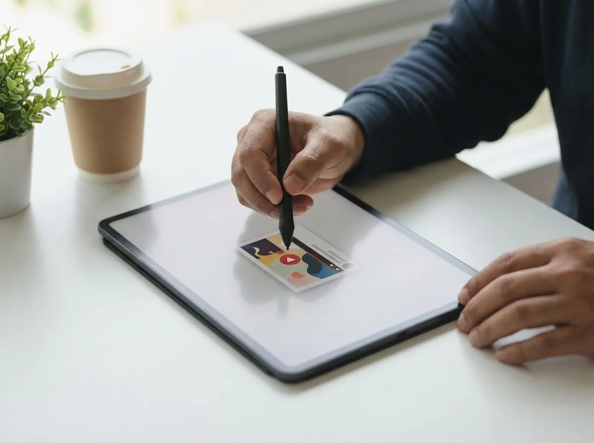 A person uses a black stylus on a white tablet screen, featuring a video player UI, with a coffee cup and plant nearby.