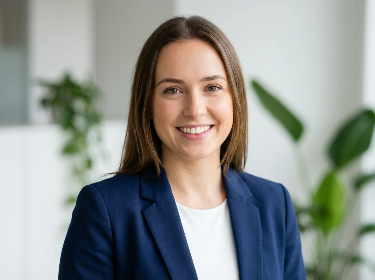 A professional headshot of a smiling young woman in a navy blazer against a blurred light background with plants.