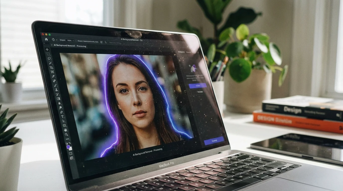 Laptop screen showing AI-powered background removal processing a portrait