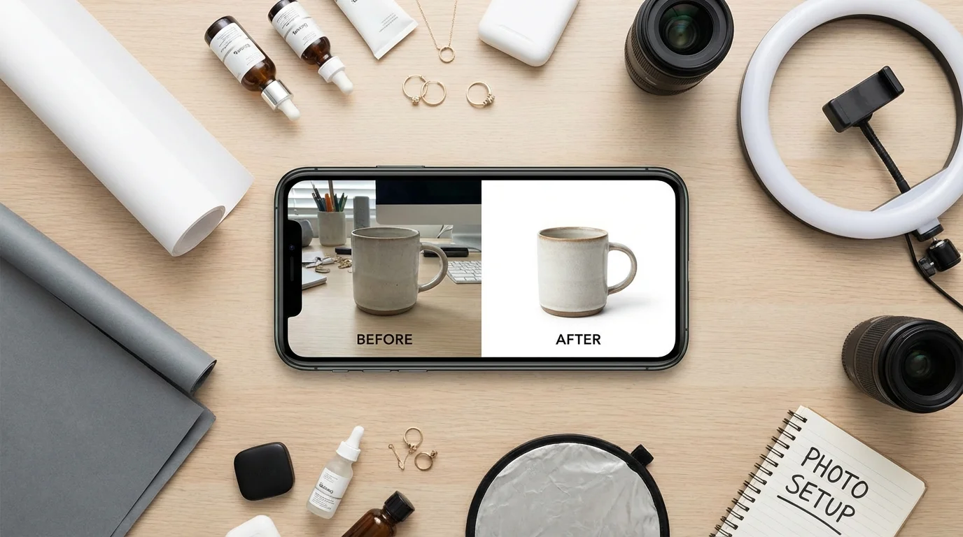 Smartphone displaying before and after comparison of product photo background removal
