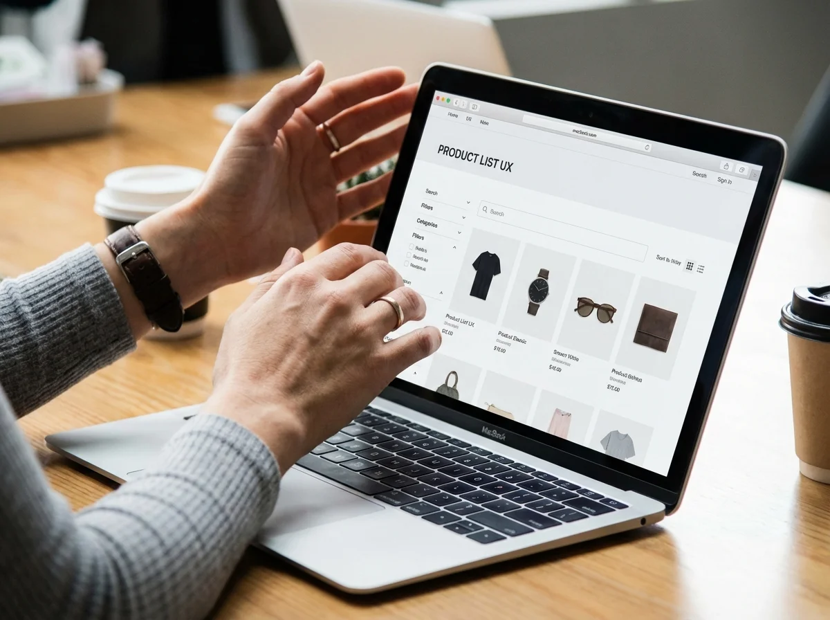A person with a watch and rings on their hands is interacting with a silver laptop showing an e-commerce product list on a wo