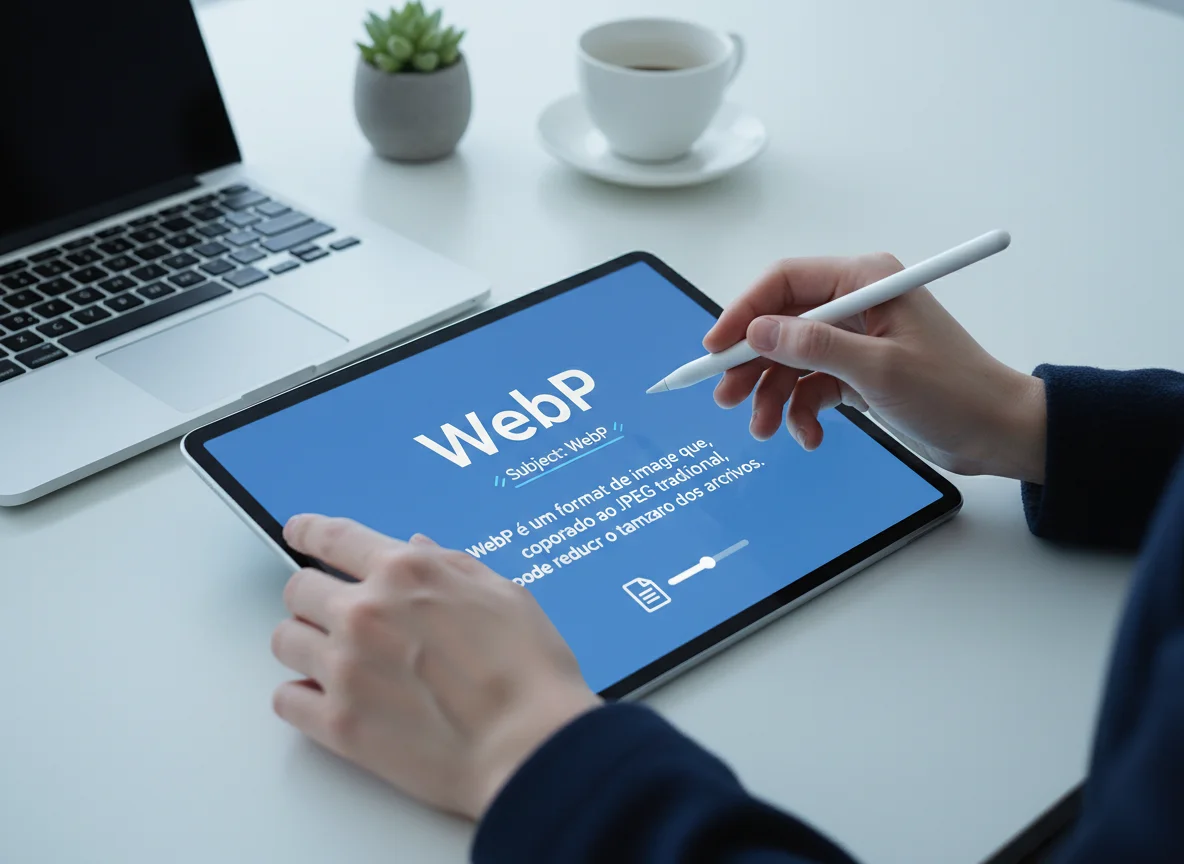 A person uses a stylus on a tablet displaying information about WebP, alongside a laptop and coffee.