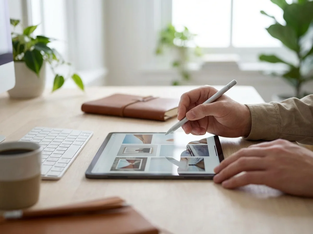 A person uses a stylus on a tablet displaying images, on a wooden desk with a keyboard, coffee, and notebooks.