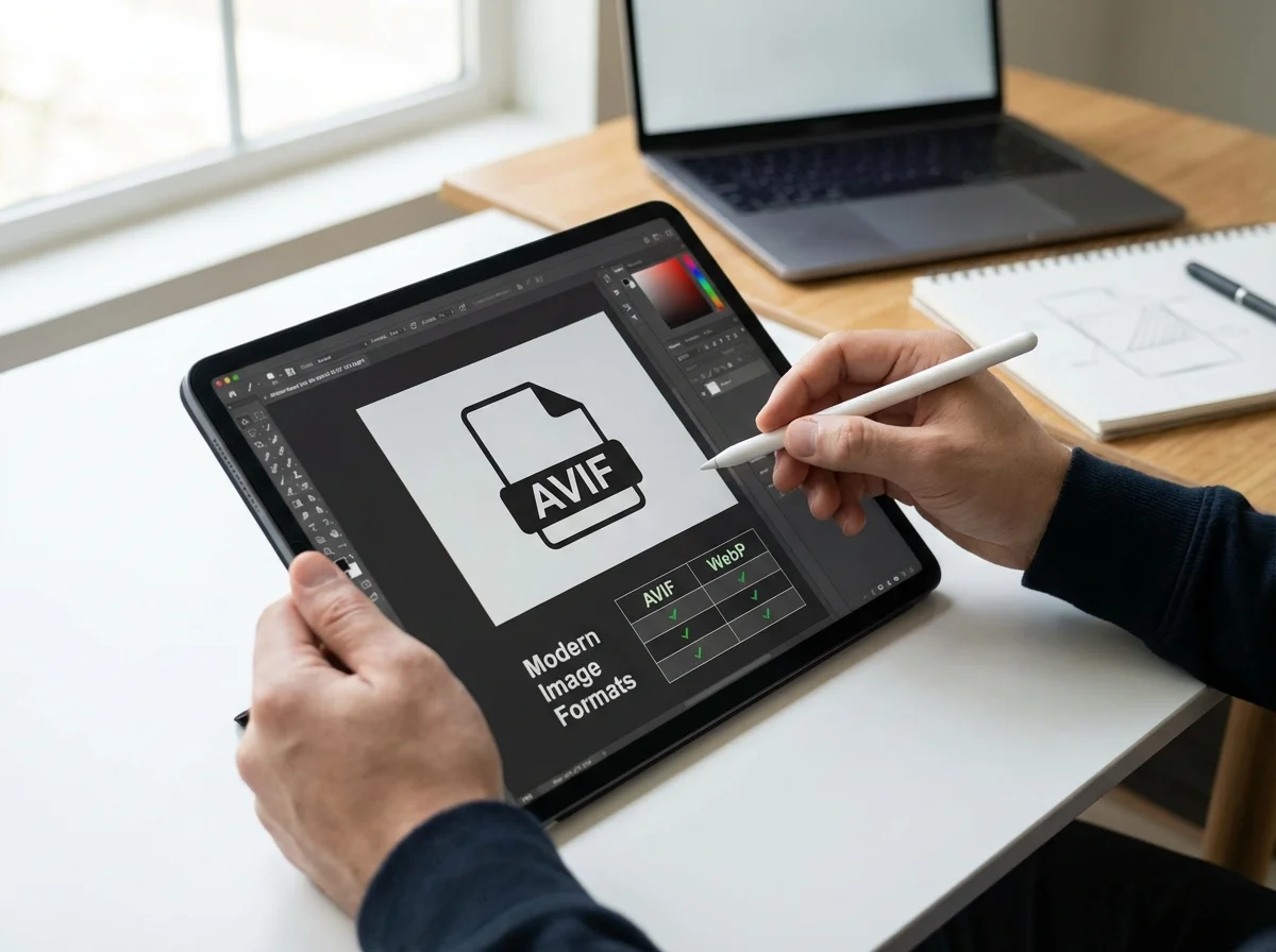 A person uses a stylus on a tablet displaying an AVIF file icon and a comparison of modern image formats.