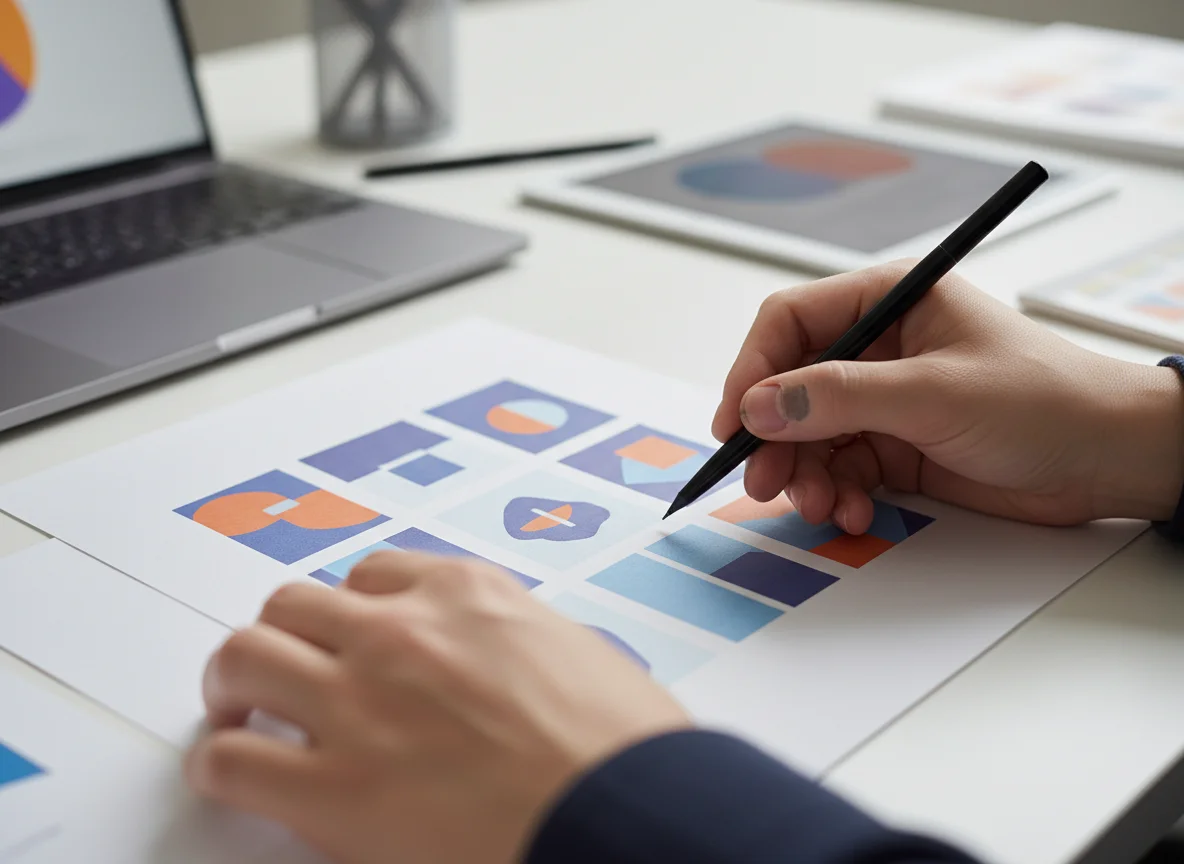 Close-up of a person's hands working on a document with colorful charts, near a laptop and tablet.