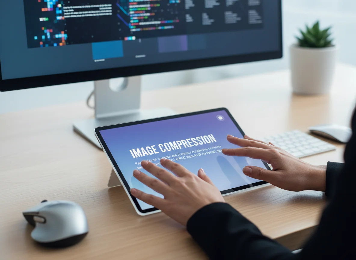 A person's hands interact with a tablet displaying "IMAGE COMPRESSION" on a modern desk with a computer monitor.