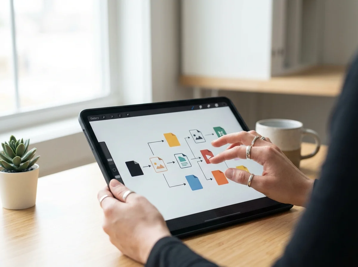 A person's hands wearing rings interact with a digital workflow diagram on a tablet in a bright setting.