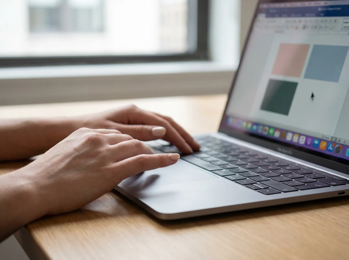 Close-up of hands typing on a silver laptop with a colorful design interface on a wooden desk.