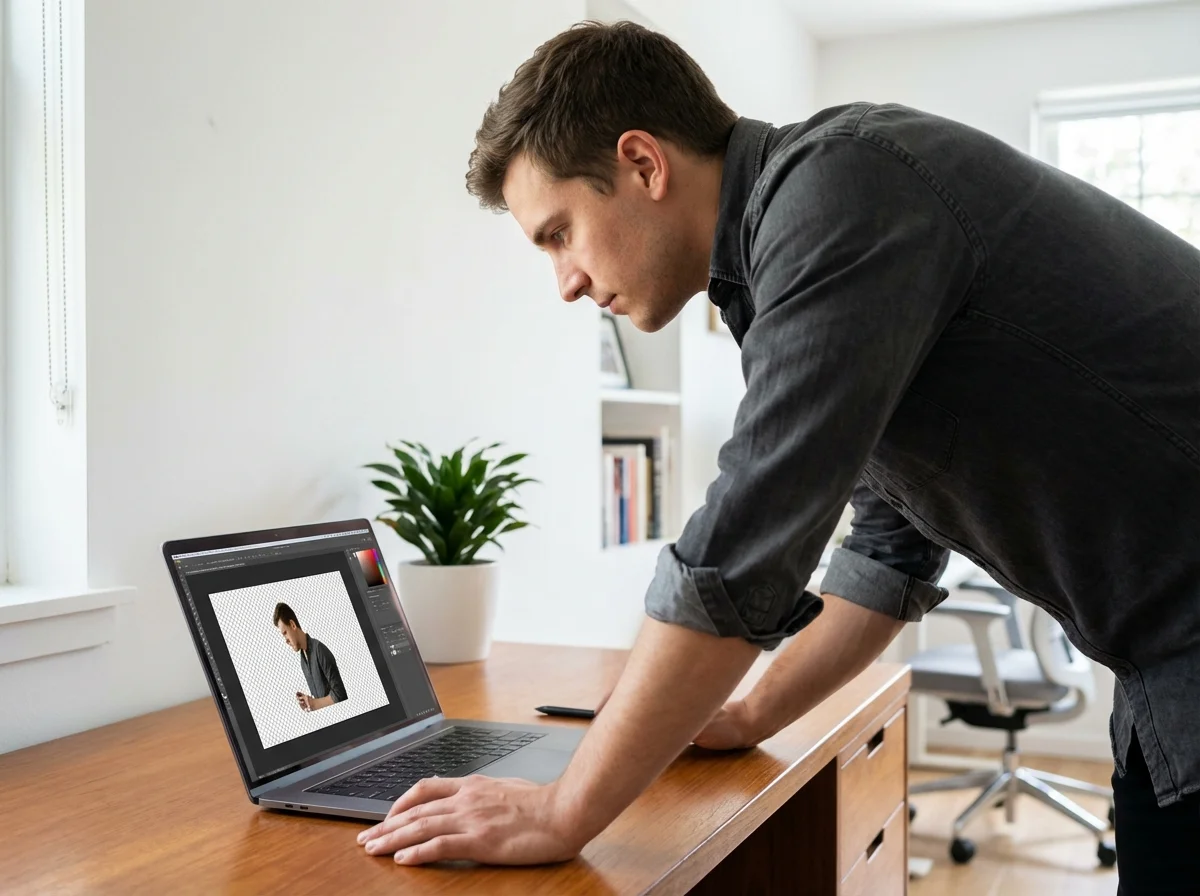 A man leans over a wooden desk, focused on a laptop displaying image editing software.