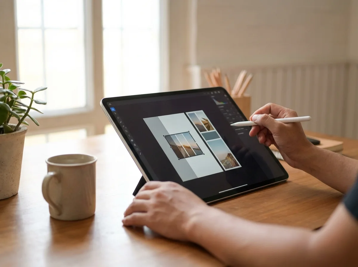 Person's hands using an Apple Pencil on an iPad Pro for photo editing or graphic design on a wooden desk.