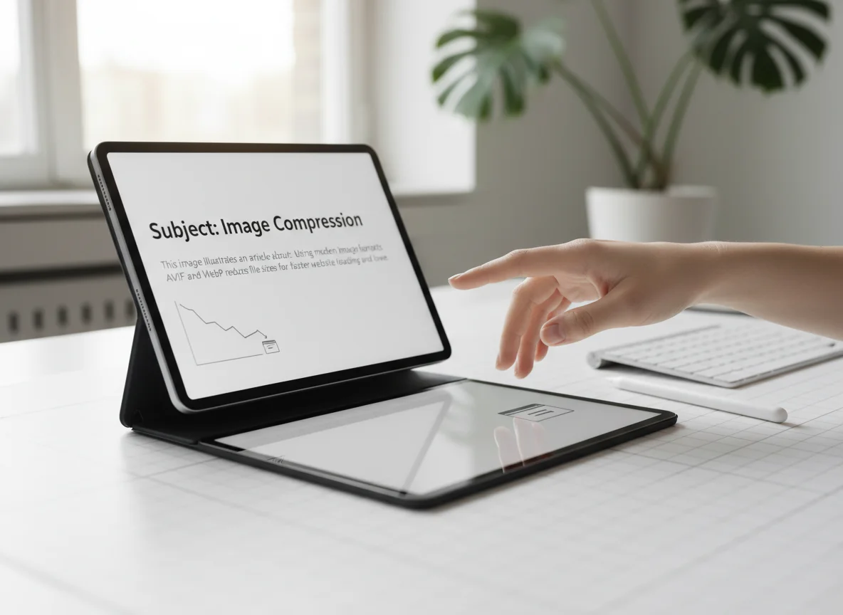 A hand interacts with a tablet displaying an article on image compression, on a minimalist desk setup.