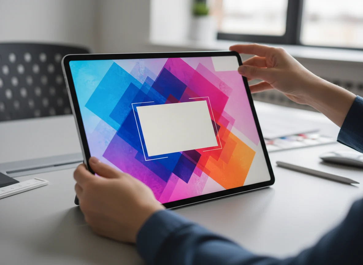 A person holds a modern tablet displaying a vibrant geometric design with a white text box placeholder.