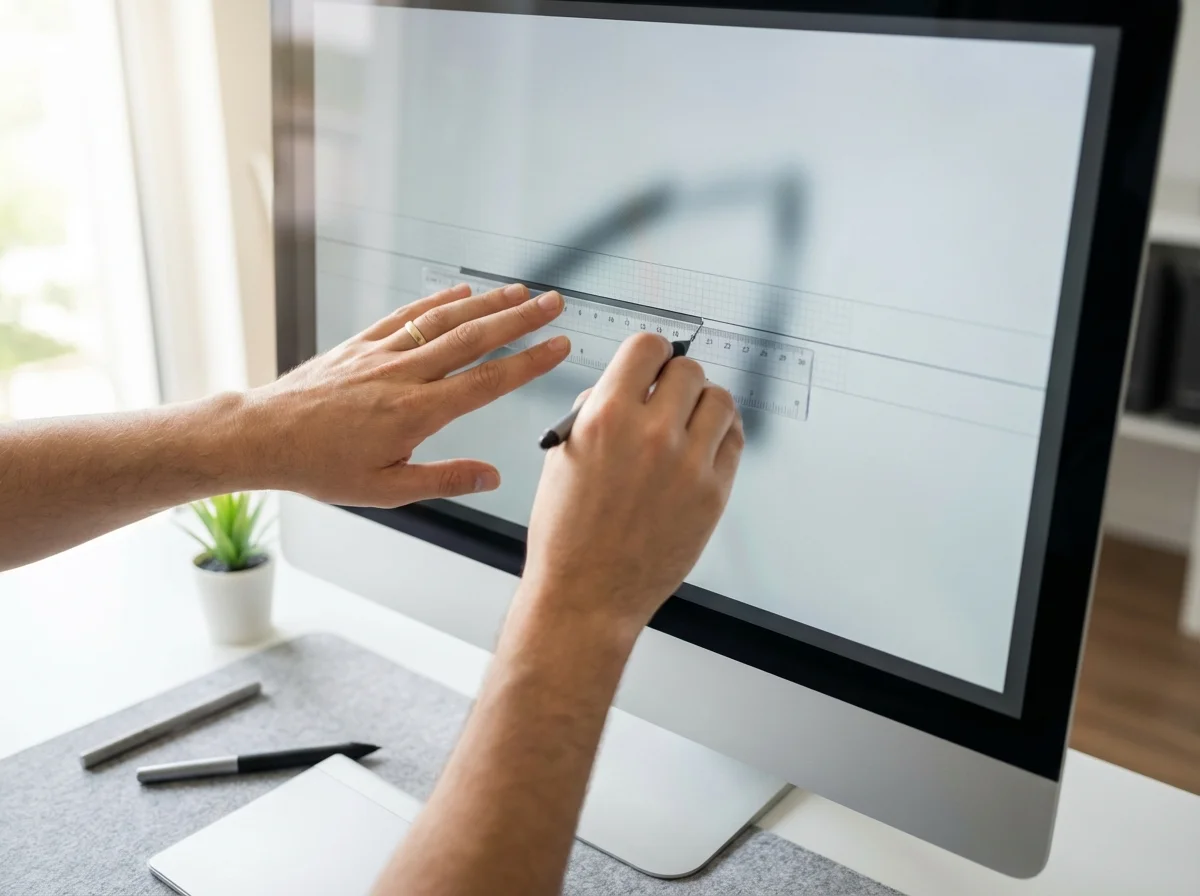 A person uses a stylus and a virtual ruler on a desktop computer screen to work on a design.
