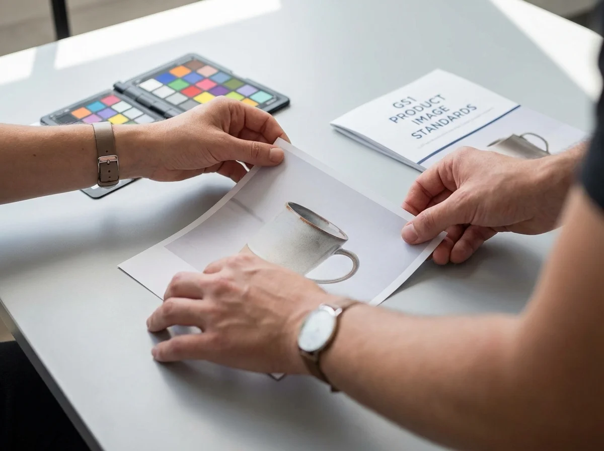 Two people review a printed product image of a mug, with color calibration tools and GS1 standards documentation nearby.