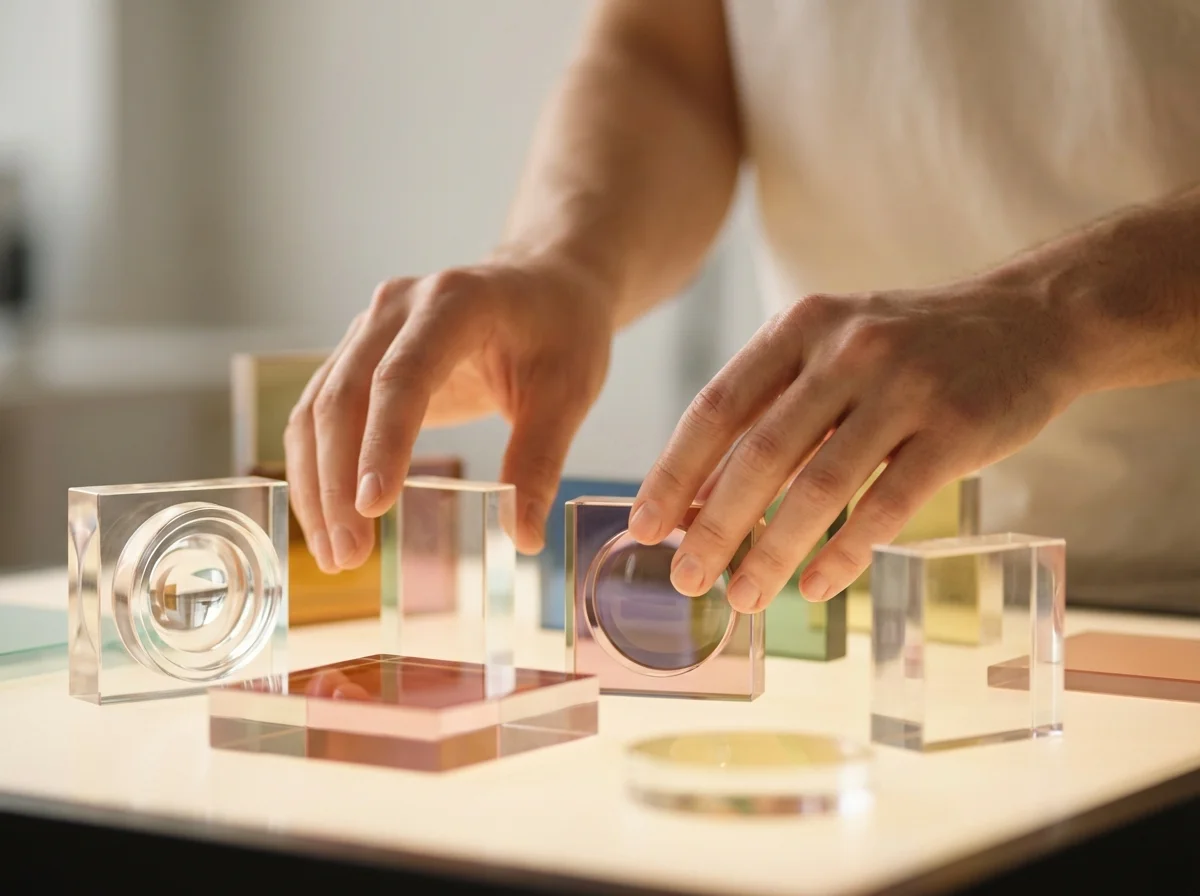 Hands meticulously arrange and interact with various translucent, colorful acrylic blocks and lenses on a lit surface.