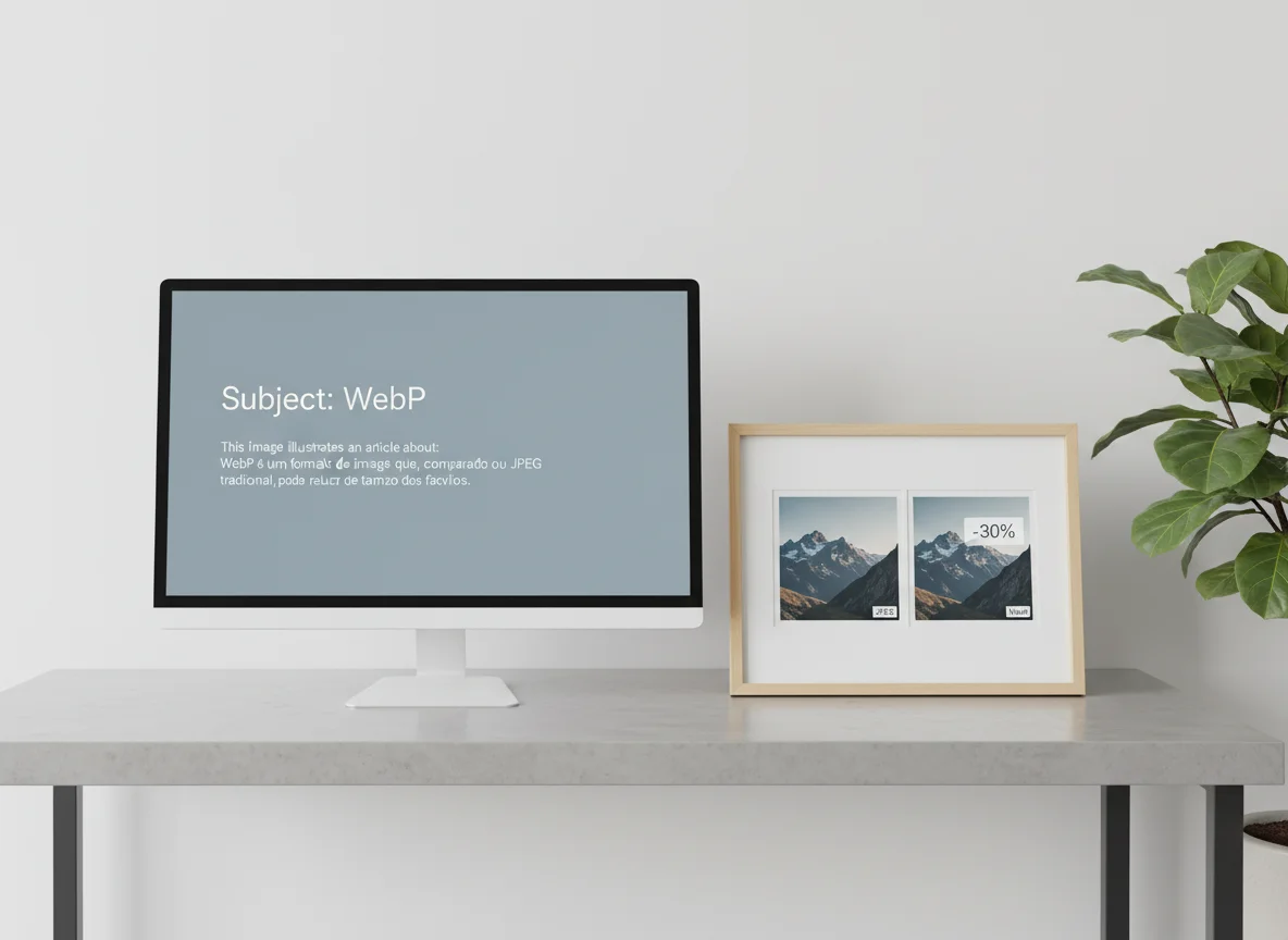 A clean workspace features a monitor displaying "Subject: WebP" and a framed image comparing JPEG vs. WebP.