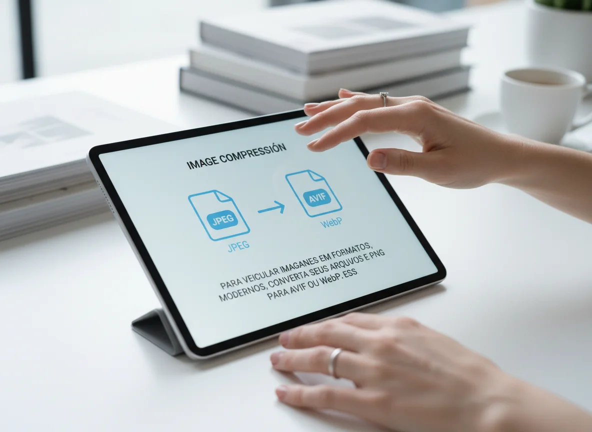 A person interacts with a tablet displaying an image compression interface, converting JPEG to AVIF or WebP.