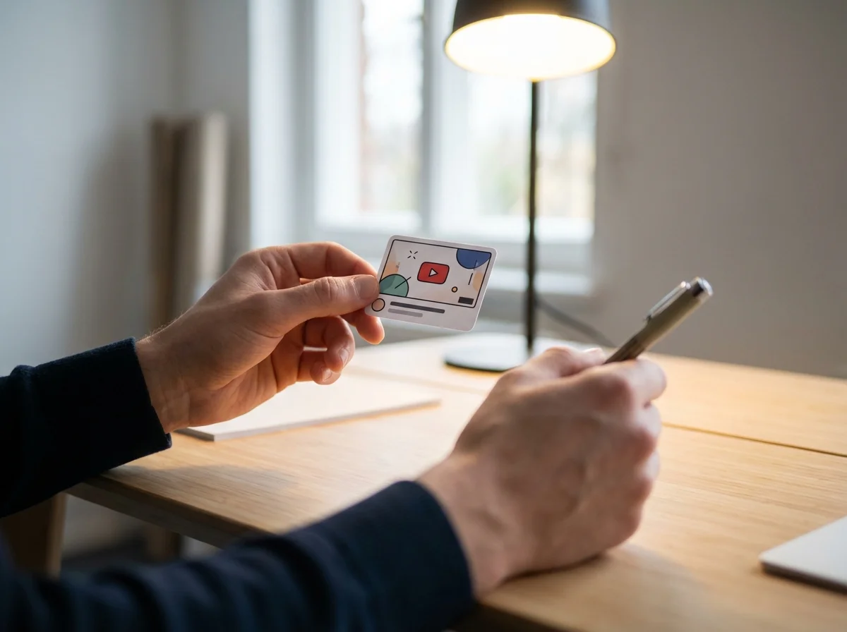 A person's hands hold a small illustrated card and a pen over a light wooden desk.
